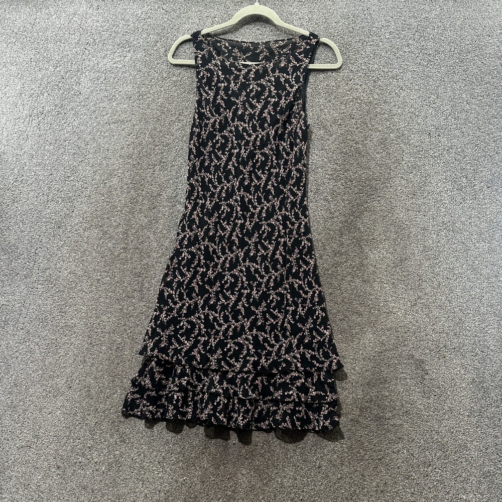 Jones New York Dress Size 6 Black Dark Floral Tiered Ruffle Whimsigoth Romantic